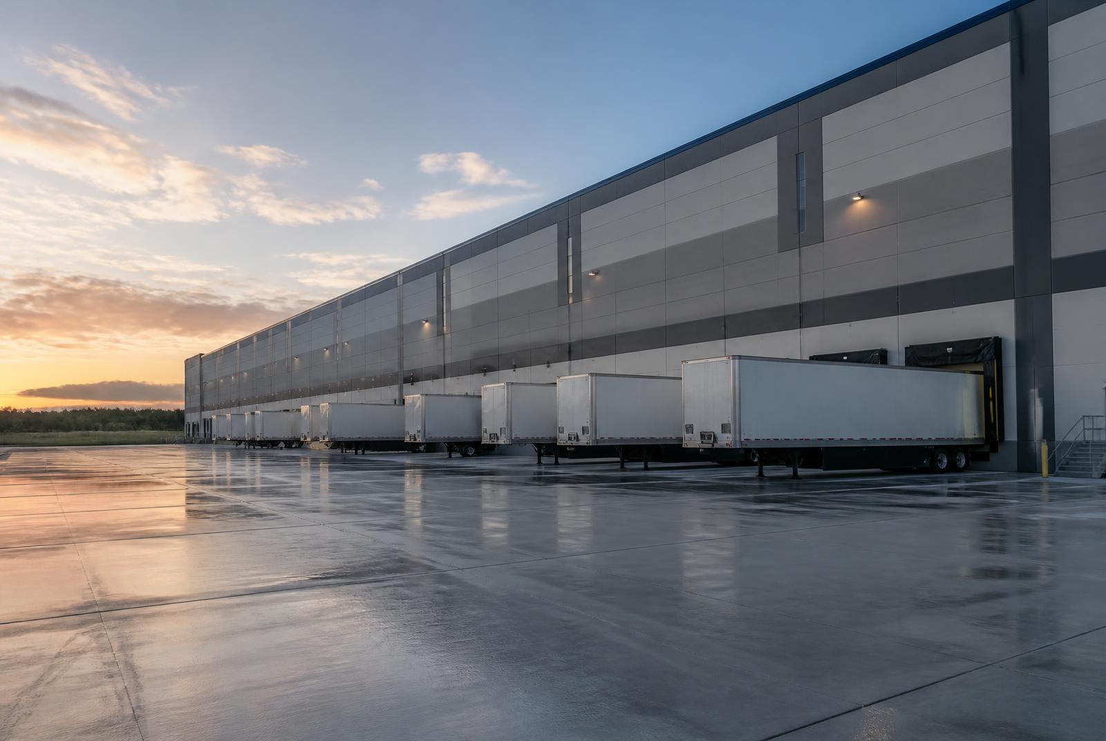 Trailers docked at a modern U.S. distribution center at dawn