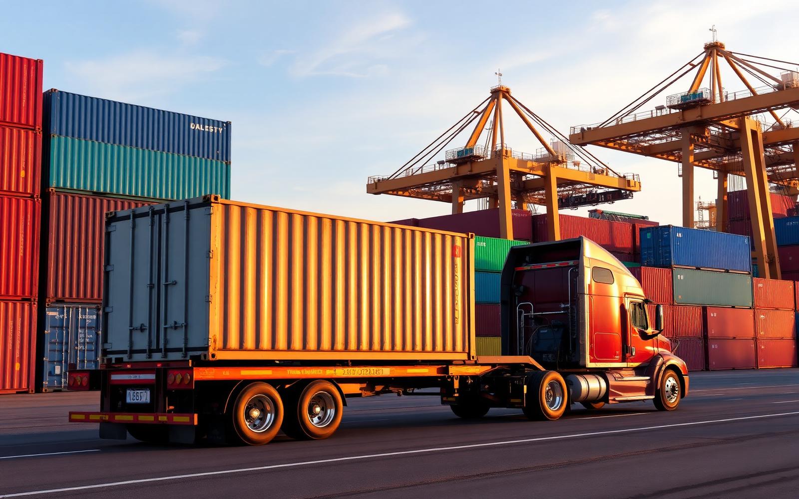 Drayage truck hauling a shipping container at a port terminal with gantry cranes
